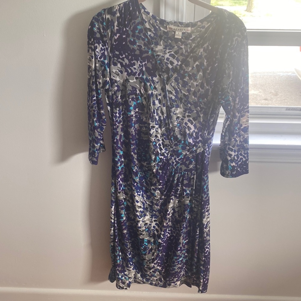 long sleeve blue, purple, white and navy blue patterned dress